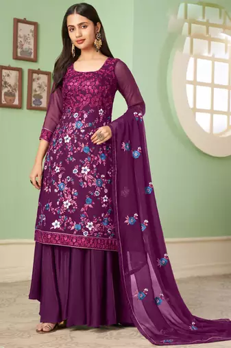 Violet georgette embroidery designer sharara suit