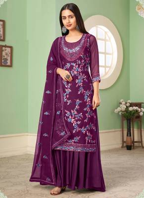 Violet georgette embroidery designer sharara suit 1
