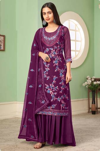 Violet georgette embroidery designer sharara suit