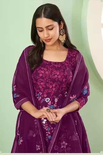 Violet georgette embroidery designer sharara suit