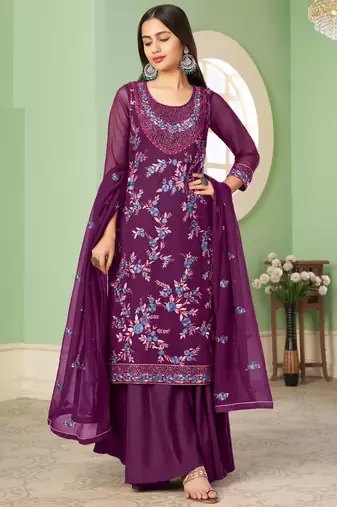 Violet georgette embroidery designer sharara suit