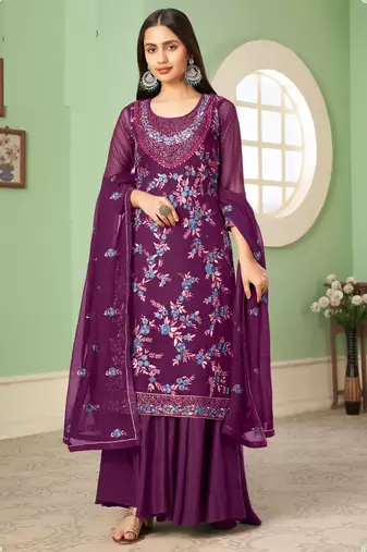 Violet georgette embroidery designer sharara suit