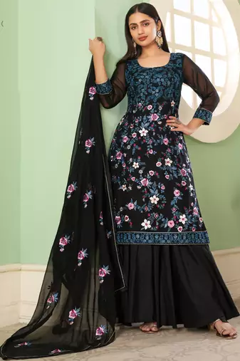 Black georgette embroidery designer sharara suit