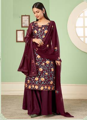 Maroon georgette embroidery designer sharara suit 1