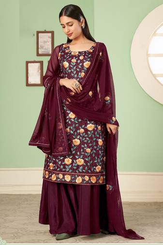 Maroon georgette embroidery designer sharara suit