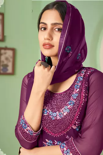Violet georgette embroidery designer sharara suit