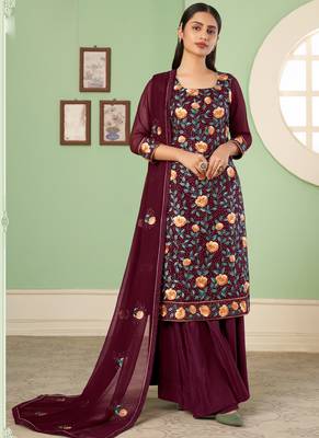 Maroon georgette embroidery designer sharara suit 2