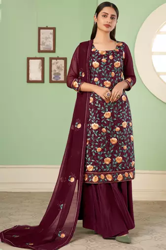 Maroon georgette embroidery designer sharara suit