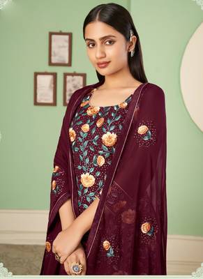 Maroon georgette embroidery designer sharara suit 3