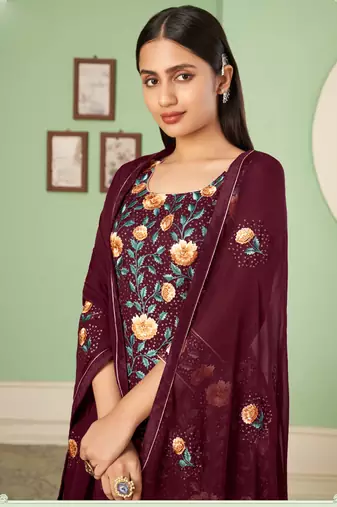 Maroon georgette embroidery designer sharara suit