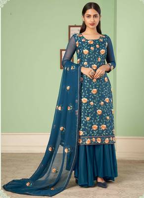Aqua blue georgette embroidery designer sharara suit 1