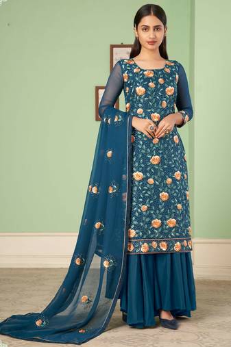 Aqua blue georgette embroidery designer sharara suit