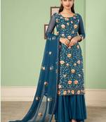 Aqua blue georgette embroidery designer sharara suit