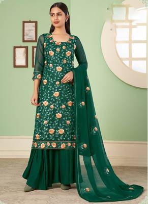 Green georgette embroidery designer sharara suit 1
