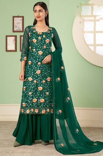 Green georgette embroidery designer sharara suit