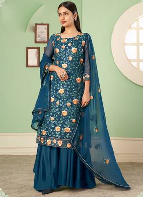 Aqua blue georgette embroidery designer sharara suit 2