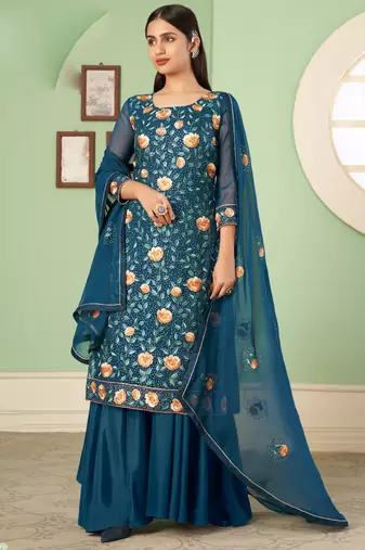 Aqua blue georgette embroidery designer sharara suit