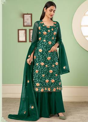 Green georgette embroidery designer sharara suit 2