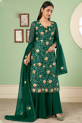 Green georgette embroidery designer sharara suit