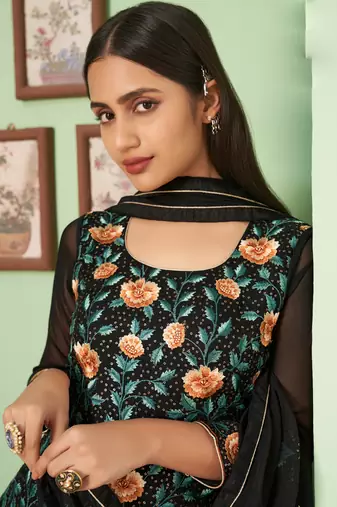 Black georgette embroidery designer sharara suit