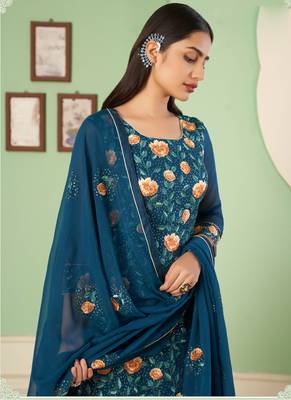 Aqua blue georgette embroidery designer sharara suit 3