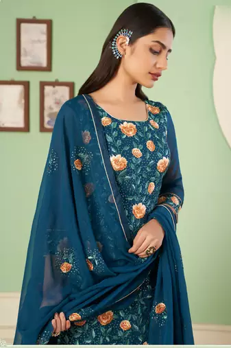 Aqua blue georgette embroidery designer sharara suit