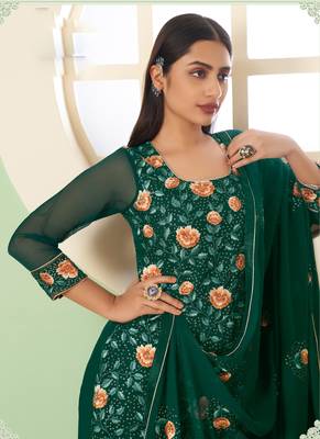 Green georgette embroidery designer sharara suit 3
