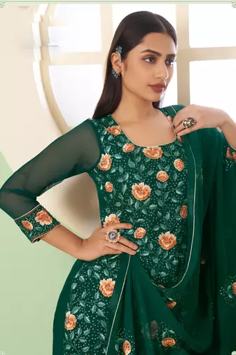 Green georgette embroidery designer sharara suit