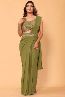 ready to wear stitched georgette green saree with embroidery work unstitched blouse piece with embroidery waist belt 1