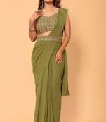 ready to wear stitched georgette green saree with embroidery work unstitched blouse piece with embroidery waist belt