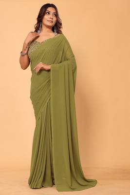 ready to wear stitched georgette green saree with embroidery work unstitched blouse piece with embroidery waist belt 4