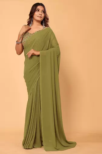 ready to wear stitched georgette green saree with embroidery work with embroidery waist belt