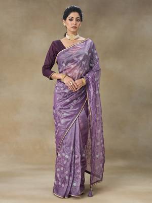 Lavender Embroidered Net With Blouse Piece 1
