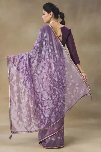 Lavender Embroidered Net With Blouse Piece