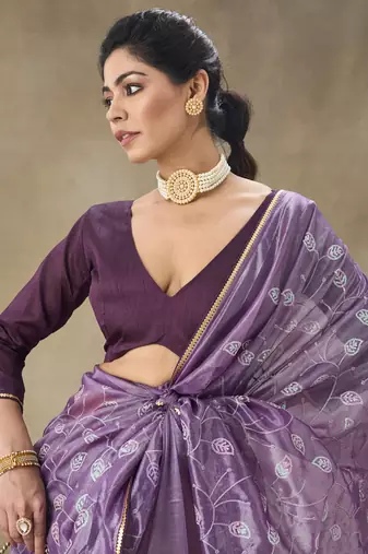 Lavender Embroidered Net With Blouse Piece