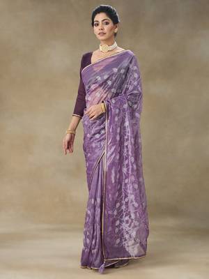 Lavender Embroidered Net With Blouse Piece 5