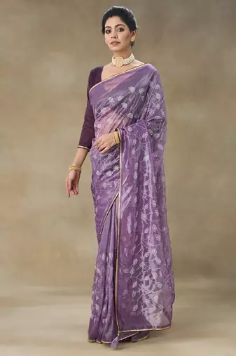 Lavender Embroidered Net With Blouse Piece