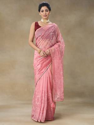 Pink Embroidered Net With Blouse Piece 1
