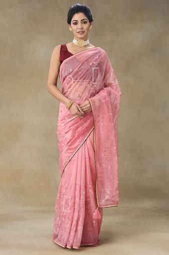 Pink Embroidered Net With Blouse Piece