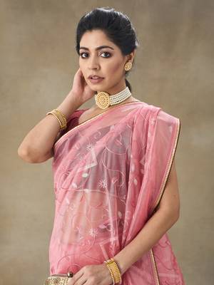 Pink Embroidered Net With Blouse Piece 3