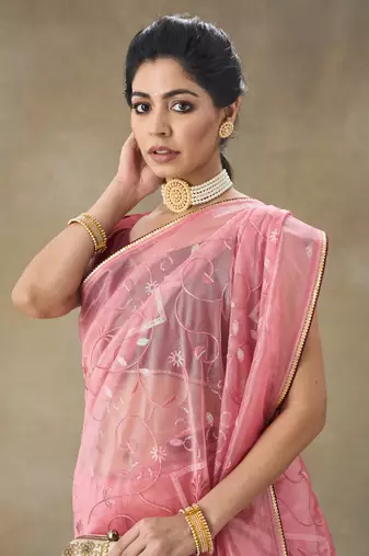 Pink Embroidered Net With Blouse Piece
