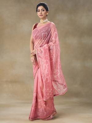 Pink Embroidered Net With Blouse Piece 5