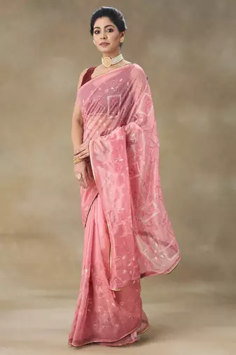Pink Embroidered Net With Blouse Piece