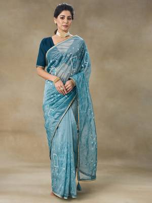 Blue Embroidered Net With Blouse Piece 1