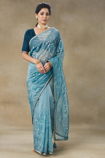 Blue Embroidered Net With Blouse Piece