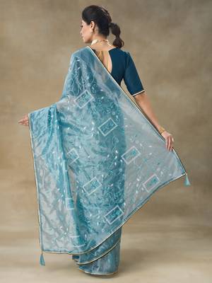 Blue Embroidered Net With Blouse Piece 2