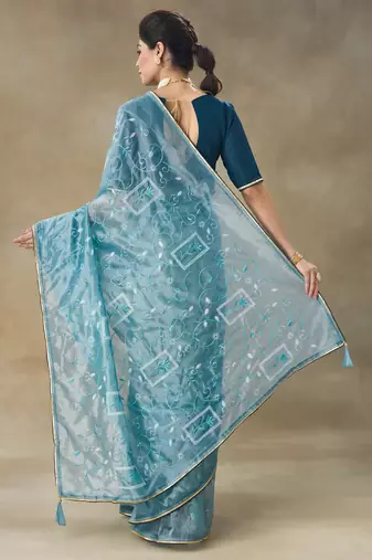 Blue Embroidered Net With Blouse Piece