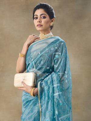 Blue Embroidered Net With Blouse Piece 3