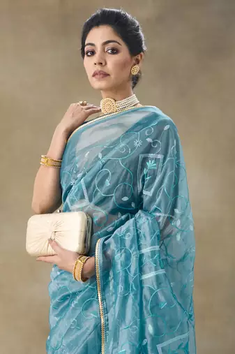 Blue Embroidered Net With Blouse Piece