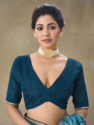 Blue Embroidered Net With Blouse Piece 4
